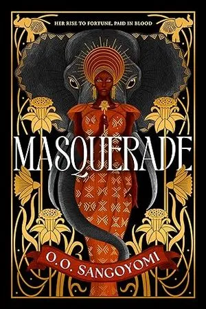 reprise de Masquerade par OO Sangoyomi ; illustration d'une femme noire vêtue d'une robe rouge et or et d'un couvre-chef debout devant un éléphant