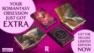 Image de couverture de l'édition limitée de luxe de Dire Bound, le premier livre enflammé de la série The Wolves of Ruin de Sable Sorensen.