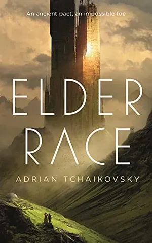 couverture de Elder Race d'Adrian Tchaïkovski ; illustration de l'habitat extraterrestre d'une planète ensoleillée