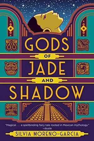 reprise de Gods of Jade and Shadow de Silvia Moreno-Garcia ; illustrations en bleu sarcelle et violet d'objets mayas