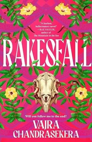 reprise de Rakesfall par Vajra Chandrasekera ; rose vif avec illustration d'un crâne de cheval entouré de fleurs jaunes et de feuilles vertes
