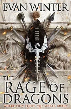 couverture de The Rage of Dragons d'Evan Winter, illustration d'un bouclier noir et d'épées avec un emblème de dragon blanc